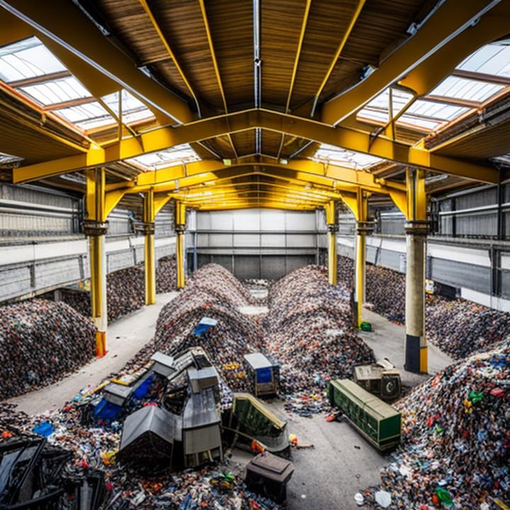 Imagen de una fábrica de reciclaje a gran escala con trabajadores clasificando materiales y generando empleo y ganancias