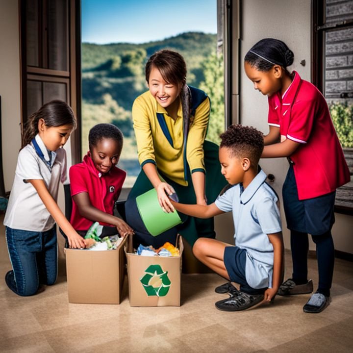 Un niño sonriente sosteniendo un libro y una bolsa de reciclaje