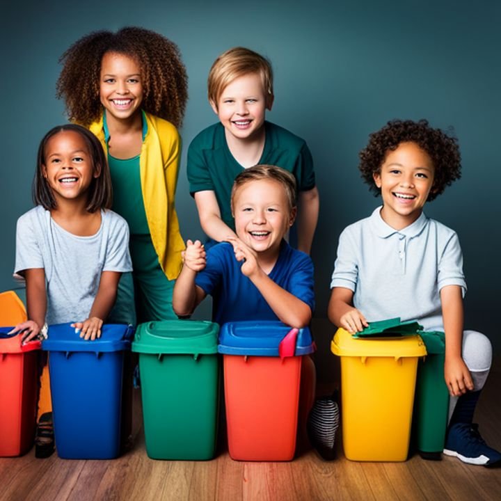 Imagen de niños sonrientes separando basura en contenedores de colores mientras juegan y aprenden sobre reciclaje